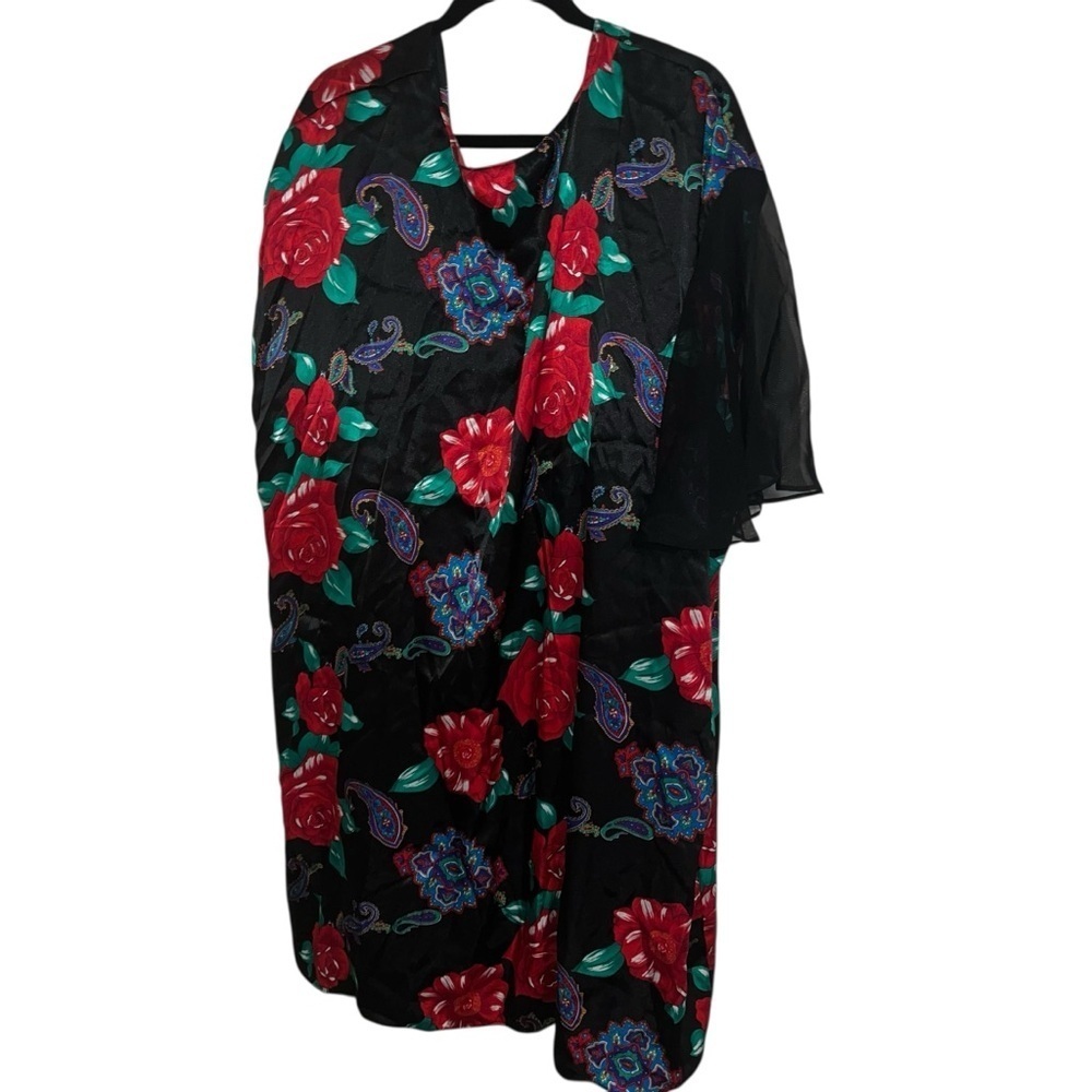 Vintage lingerie plus size 3x 90s y2k black red floral nightie & robe set retro